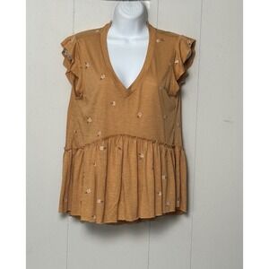 Coco + Jaimeson Mustard Yellow Daisy Embroidered Peplum Top V-Neck Flutter Sz XL